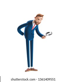 Businessman Billy Looking Through Magnifying Glass. 3d Illustration