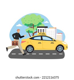 Businessman With Briefcase Trying To Catch Yellow Taxi Cab, Flat Illustration. Young Man Running To Get Taxi Car During Rush Hours. Office Worker Is Late For Work.