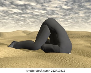Businessman burying his head in the sand into desert by cloudy day - 3D render