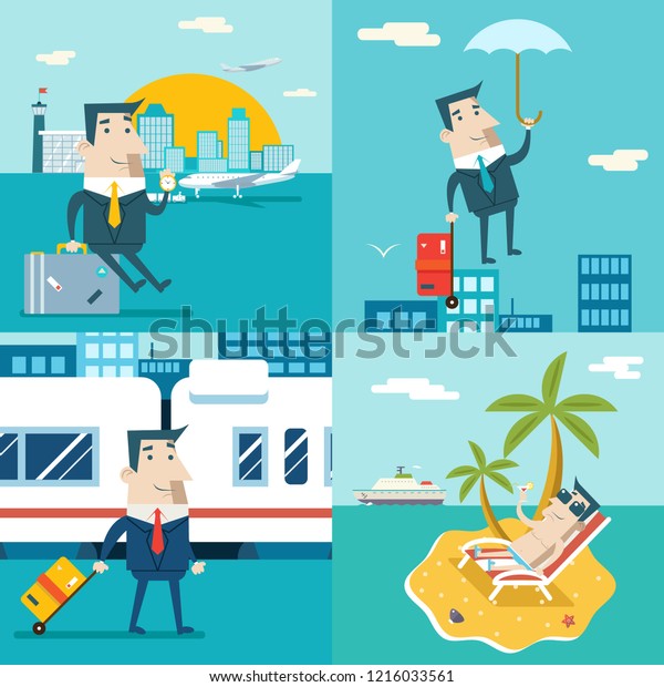 Businessman Cartoon Character Travel Train\
Ship Airplane Mobile Business Marketing Urban Sky Background flat\
Design \
Illustration