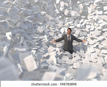 businessman in the center of a paper storm, 3d illustration 