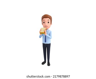 Businessman Character Eating Sandwich In 3d Rendering.