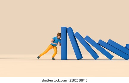 Businessman Character Holding Up A Falling Row Of Dominoes. Business Support Concept. 3D Rendering. 3D Illustration