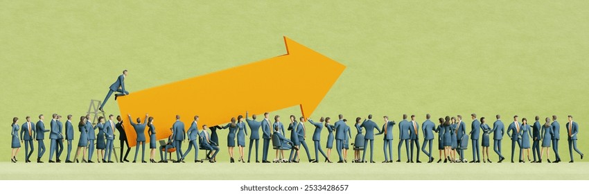 Businessman climbing at big arrow. Lots of business people meet together, discussing problems, sharing ideas. Business communication wide illustration 3d Rendering
 - Powered by Shutterstock