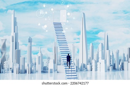 Businessman climbing up the ladder of success in the big modern city. Business centre  with skyscrapers, office buildings and apartment blocks. 3D rendering illustration  - Powered by Shutterstock