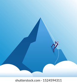 Businessman Climbing Mountain. Challenge, Perseverance And Personal Growth, Effort In Career. Business Motivation Concept