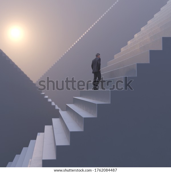 ビジネスマンが階段をピラミッドに登り 3dイラストを描く のイラスト素材