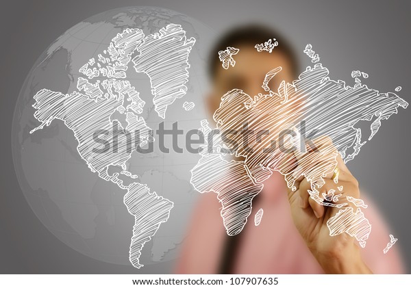 Businessman Drawing World Map Globe Line Stock Illustration