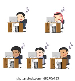 businessman fall asleep while working different race set