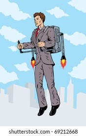 Businessman Flying With A Rocket Pack