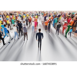 Businessman Following Crowd Of People Walking In One Direction. Low Poly Style. Society And Business World. Conceptual 3D Illustration