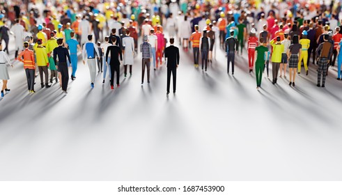 Businessman Following Crowd Of People Walking In One Direction. Low Poly Style. Society And Business World. Conceptual 3D Illustration