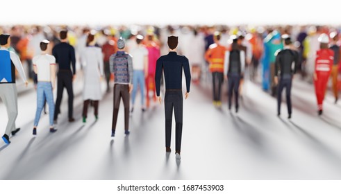 Businessman Following Crowd Of People Walking In One Direction. Low Poly Style. Society And Business World. Conceptual 3D Illustration