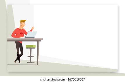 Businessman Giving Presentation Web Banner Template. Man Presenting Project With Laptop. Office Worker Cartoon Character. Business Mentor, Coach On Seminar. Raster Copy