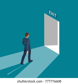 Businessman Going Exit Door Sign, Emergency. Business Solution Or Exit Strategy Concept. Leaving The Office Building. Isometric Illustration.