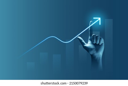 Businessman Hand Drawing Light Arrow Graph Icon Finance Success Business Background Diagram Of Growth Financial Chart Development Or Growing Economic And Goal Achievement Symbol On Marketing Strategy.