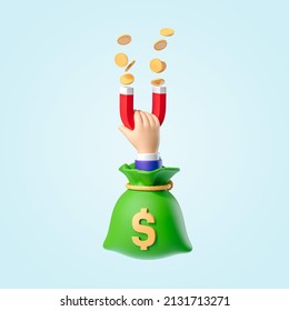 Businessman hand holding magnet in green money bag and coins  Concept attraction coins  Financial metaphor  revealing the concept making money  3d render