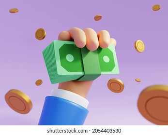 Businessman hand holding money banknote with gold coins on purple background. Business and financial economic concept. E-commerce investment and entrepreneur startup. 3D illustration rendering