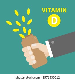 Businessman Hand Holding Plastic Bottle With Vitamin D Pill Capsule. Yellow Color. Healthy Lifestyle Diet Concept. Fish Oil Supplements Icon. Flat Design Green Background Isolated