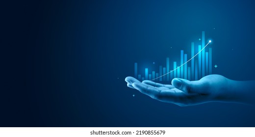Businessman Hand Plan Growth Business Graph Financial Chart On Improvement Blue Background With Success Investment Diagram Marketing Strategy Or Increase Arrow Stock Profit Data And Analysis Market.