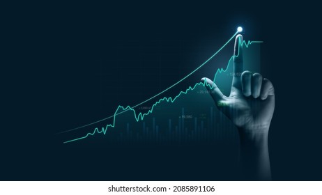 Businessman hand pointing finger to growth success finance business chart of metaverse technology financial graph investment diagram on analysis stock market background with digital economy exchange. - Shutterstock ID 2085891106