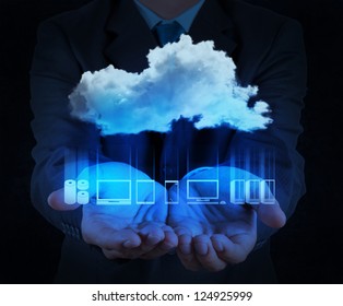 businessman hand showing about cloud network idea concept