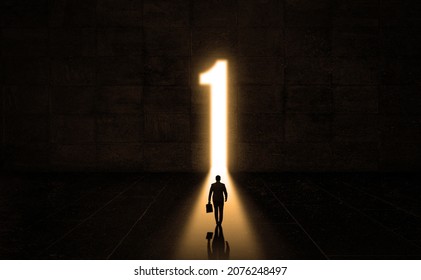 Businessman With handbag walking Thought Light Door made by Number 1 . Business Man Walks In dark Concrete Room with bright Doorway. Business One idea concept. be the first One. Surreal scene concept 