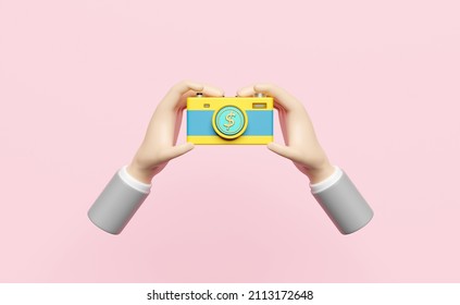 businessman hands holding camera with coin isolated on pink. abstract background. investment, saving money, business banking finance concept, 3d illustration, 3d render - Powered by Shutterstock