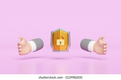 Businessman Hands Protecting Shield Isolated On Pink Background. Internet Security Or Privacy Protection Or Ransomware Protect Concept, 3d Illustration, 3d Render