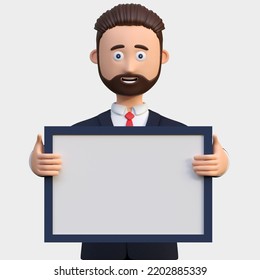 Businessman Holding Blank Page Board In Close Up 3d Character Illustration