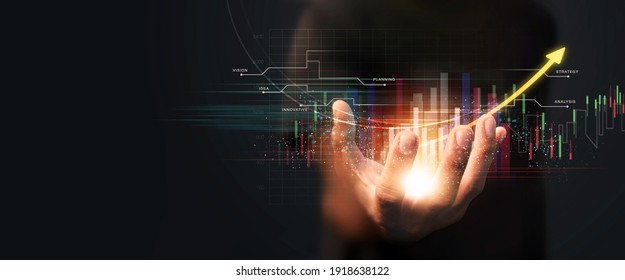 Businessman Holding The Glow Light Data Digital Marketing Analysis Graph In Dark Background. 3D Illustration In Technology Concepts.