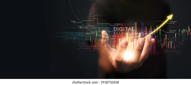 Businessman Holding The Glow Light Data Digital Marketing Graph In Dark Background. 3D Illustration In Technology Concepts.