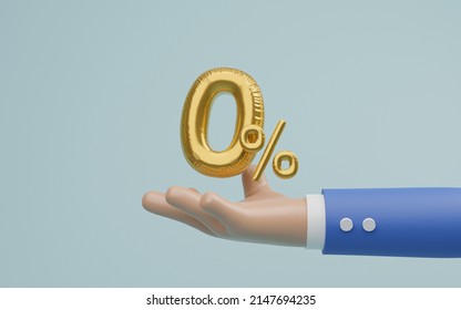 Businessman holding golden zero percentage balloon for  special offer of shopping department store discount and banking interest rate concept by realistic 3d render illustration.