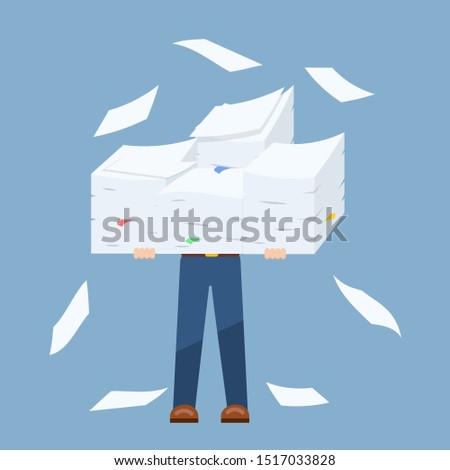 Businessman holding stack of paper documents, concept of hard work, stock illustration