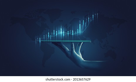 Businessman Holding Stock Tablet And Market Economy Graph Statistic Showing Growth Of Profit Analyzing Financial Exchange On Increase Digital Money Background With Trade Chart Finance Data Concept.