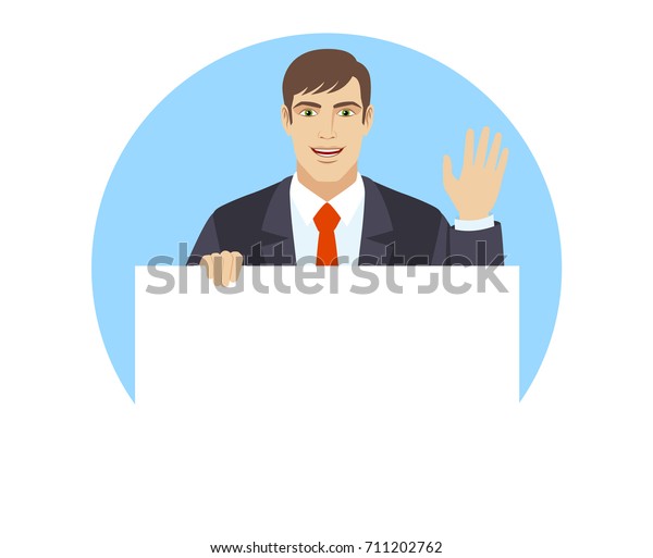 Businessman Holding White Blank Poster Greeting Stock Vector (Royalty