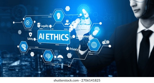 A businessman interacts with a digital interface showcasing key concepts of AI ethics, illustrating the intersection of technology and responsible innovation in a modern city. Tessel