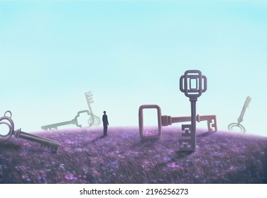 A Businessman And A Keys In Meadow. Concept Idea Art Of Success, Business, Work, Life, Philosophy, Lost, And Problem. Surreal Artwork. Conceptual 3d Illustration. Painting