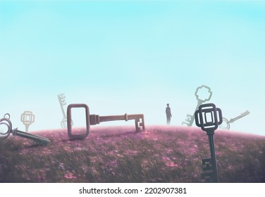 A Businessman And A Keys In Meadow. Concept Idea Art Of Success, Business, Work, Life, Philosophy, Lost, And Problem. Surreal Artwork. Conceptual 3d Illustration. Painting