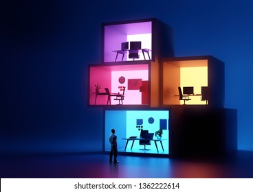 A businessman looking at glowing stacked business office workplaces. Business and jobs concept. 3D illustration - Powered by Shutterstock