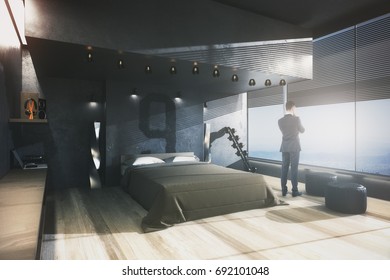 Businessman Looking Out Of Window In Male Bedroom Interior With Panoramic View. Thoughtful Concept. 3D Rendering 