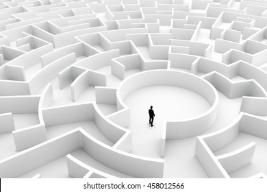 Businessman in the middle of the maze. Concepts of finding a solution, problem solving, challenge etc. 3D illustration