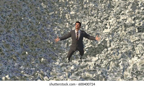 businessman in a money avalanche, 3d illustration 