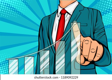 Businessman pointing arrow graph corporate future growth plan. Business concept of development to success and growing growth. Illustration in pop art retro comic style - Powered by Shutterstock