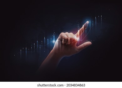 Businessman Pointing Finger To Stock Market Finance Graph Chart Exchange Money Or Growth Investment Global Economy Analysis Rate On Economic Technology Background With Digital Trading Data Business.