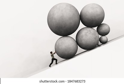 Businessman pushing up big stones on a hill .  Business problem crisis and and multiple responsibilities .  This is a 3d render illustration . 