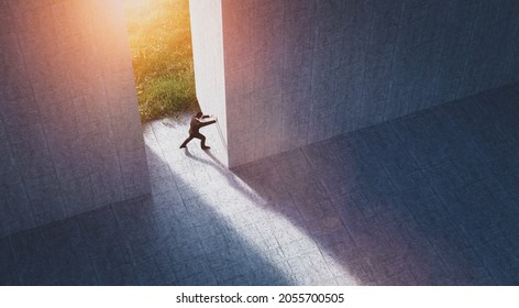 Businessman Pushing Big Wall To Reveal New Better Green World. Concept Of Hope, Positive Change, Bright Future. 3D Illustration