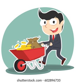 businessman pushing wheelbarrow full of coins