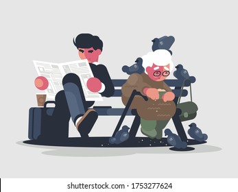 Businessman reading newspaper on park bench. Grandmother feeds pigeons. illusration - Powered by Shutterstock