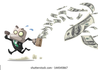 Businessman Robot Running While His Bag Leak Money Dollar Bills In The Air,business Concept